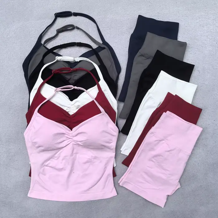 Ensemble de Yoga sans couture pour femmes, 2 pièces, débardeur rembourré, col licou, froissé, levage
