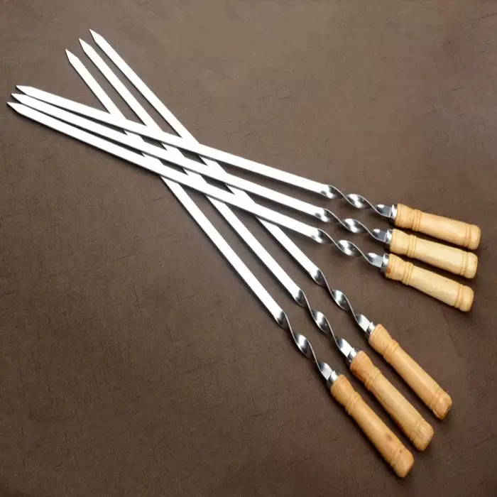 Bâton de kebab de barbecue en acier inoxydable réutilisable avec manche en bois, grands modules, out