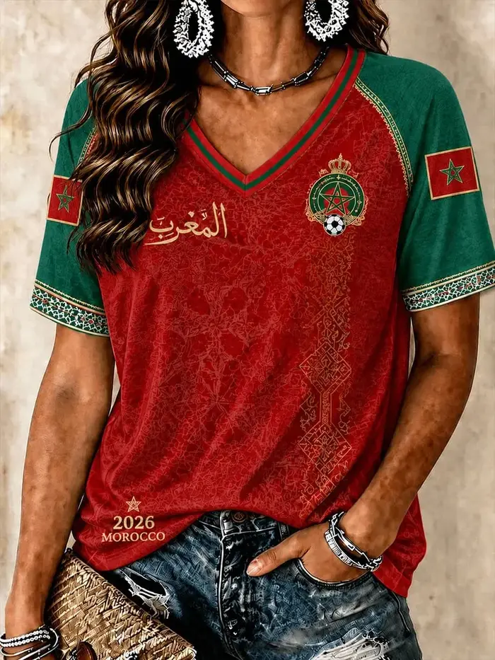 T-shirt de football rouge de l'équipe nationale du Maroc 2026 – Vêtement de sport unisexe à col en V