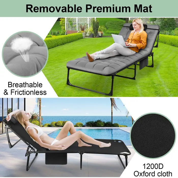 Lit de camping pliant portable – Chaise longue inclinable réglable à 3 positions avec oreiller, lit 