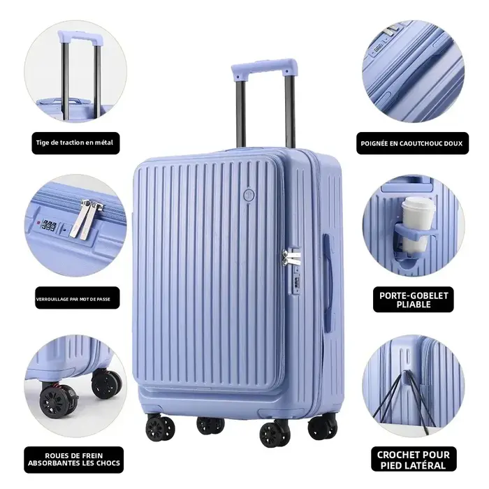 Valise extensible multifonctionnelle avec ouverture frontale et porte-gobelet bagage de grande capacité à roues universelles pour hommes et femmes voyages d'affaires vacances occasions spéciales