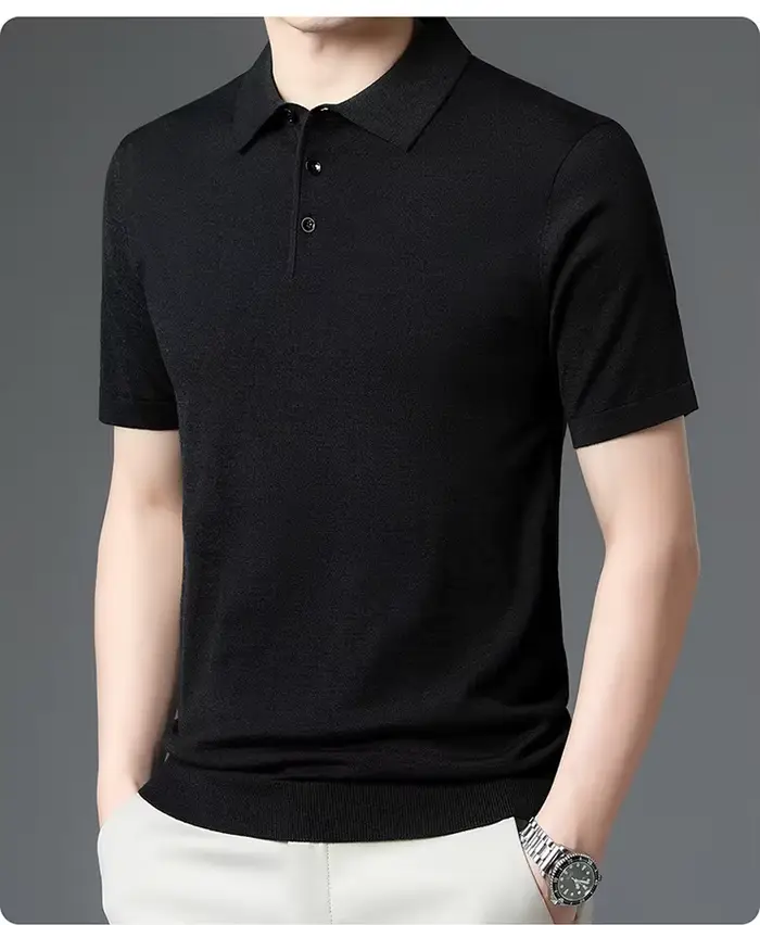 100% mérinos pull été hommes revers T-shirt pull à manches courtes col POLO haut ample tricoté vêtem