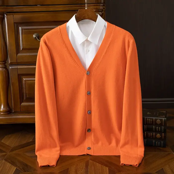 Pull en cachemire à col en V pour hommes, cardigan tricoté, manteau en laine côtelée, jersey haut de gamme, printemps, automne