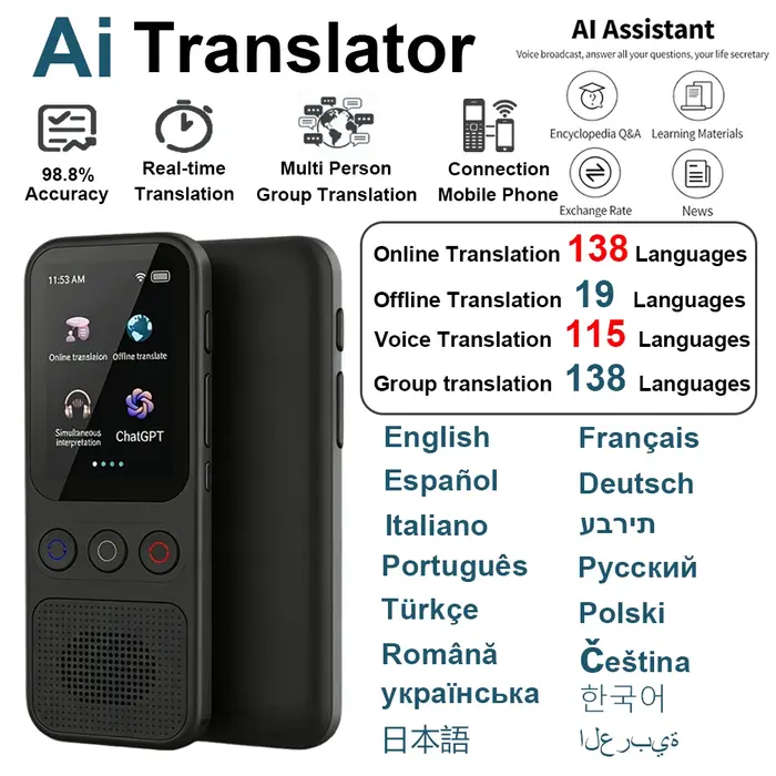 Traducteur portable 148 langues en temps réel WIFI ChatGPT machine traduction enregistrement vocal