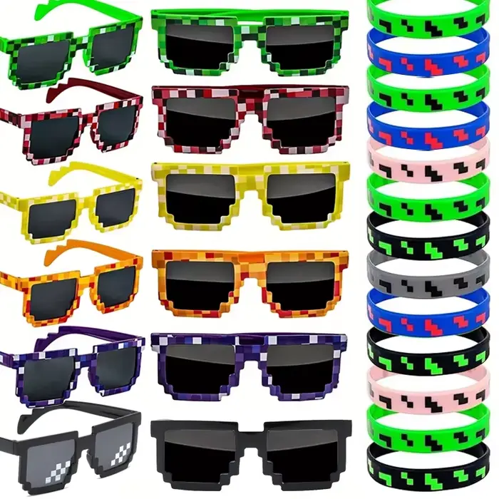 Articles de fête sur le thème des pixels, lunettes de soleil pixelisées, bracelets en silicone, déco