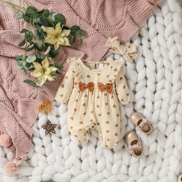 Combinaison à manches longues avec nœud papillon pour bébé fille, combinaison décontractée, amour im