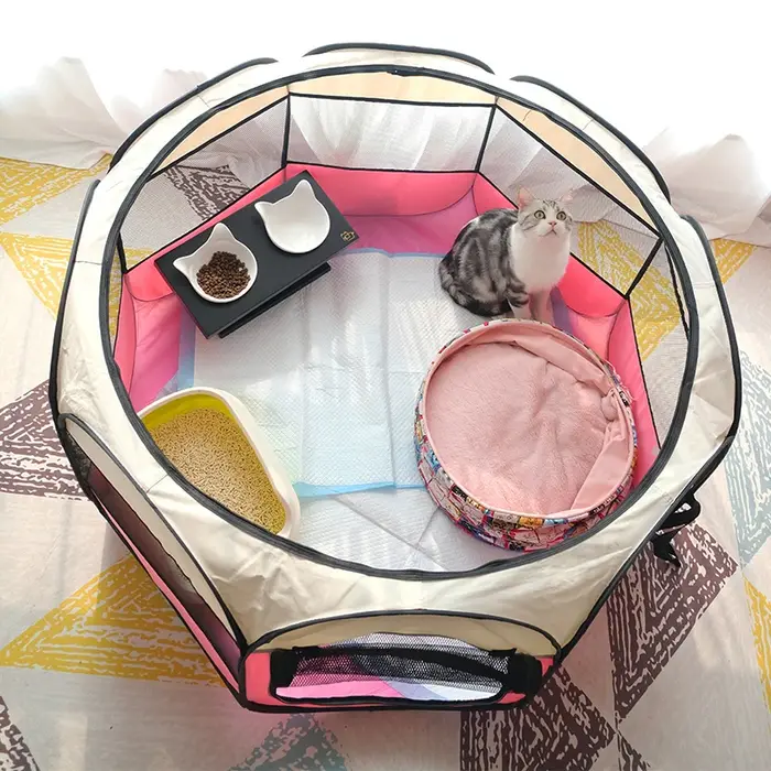 Cage octogonale pliable et portable pour chiens avec grillage anti-insectes et design de porte roulante pour animaux de compagnie en plein air occasions spéciales