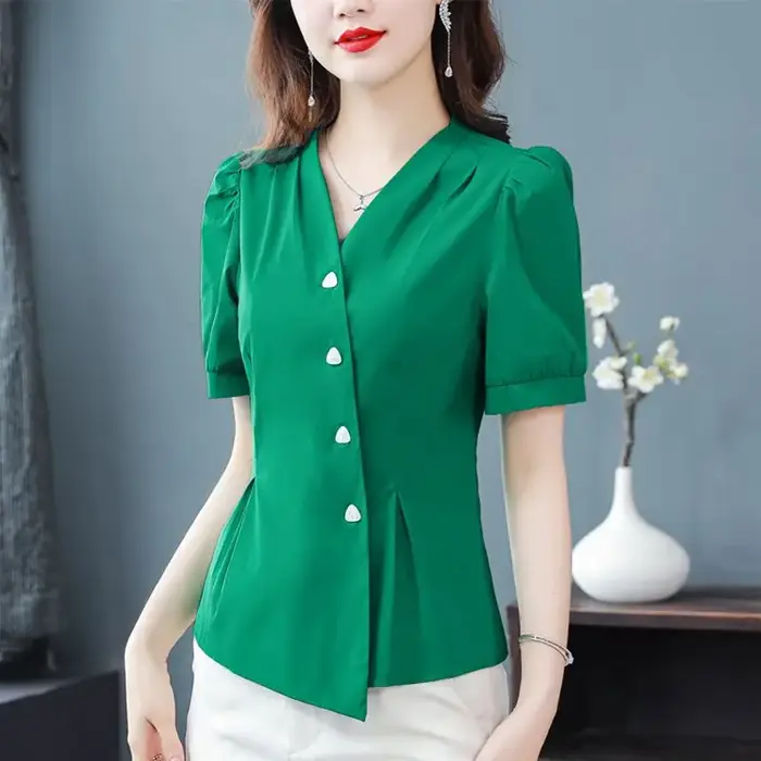 Chemisier Plissé à Manches Courtes et Col en V pour Femme Chemise Chic à Simple Boutonnage, Vêtement
