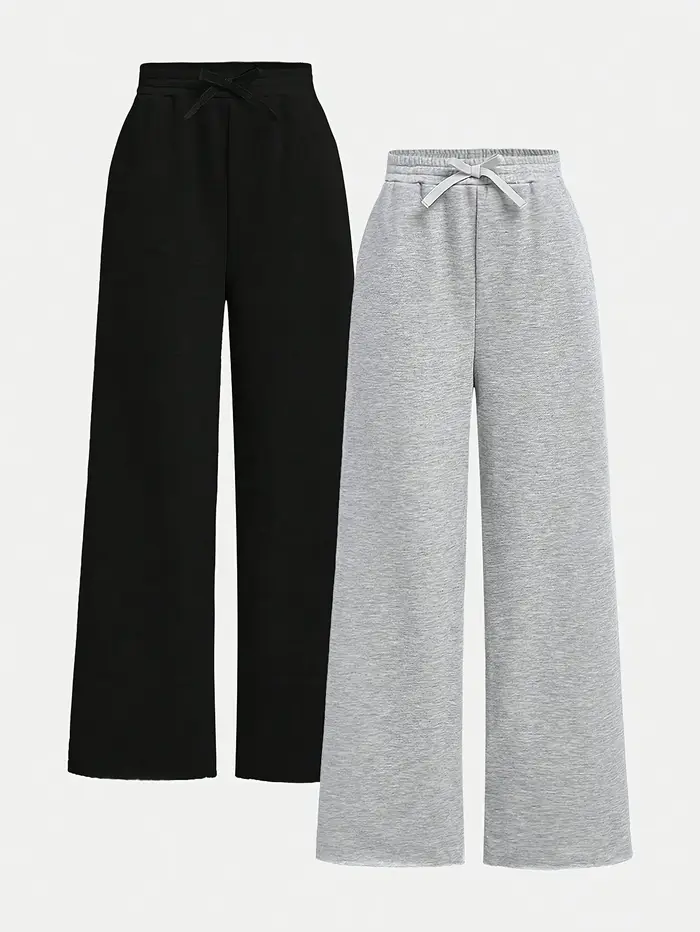 【Ensemble de 2 pièces】 Pantalon ample décontracté à jambes larges en tissu tricoté noir et gris pour
