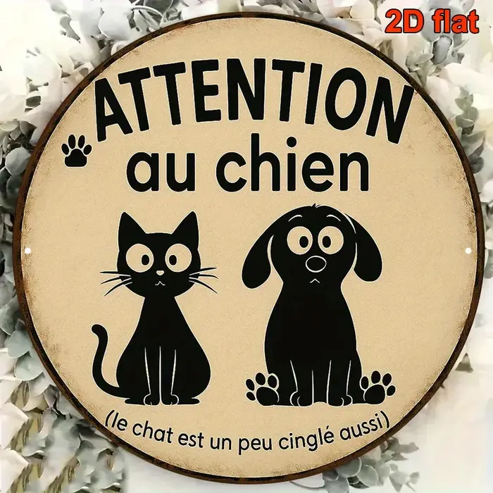 Panneau d'avertissement 2D plat, 1 pièce, «Attention Au Chien/chien» français, Plaque d'alerte ronde