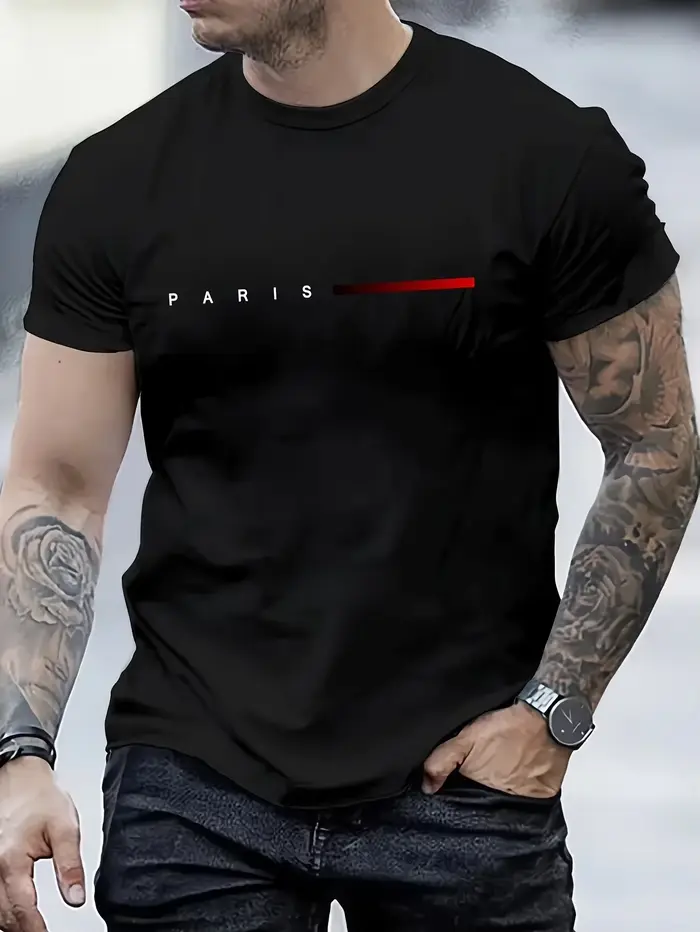 T-shirt pour homme avec imprimé slogan Paris et accent rouge, streetwear décontracté, coton, t-shirt
