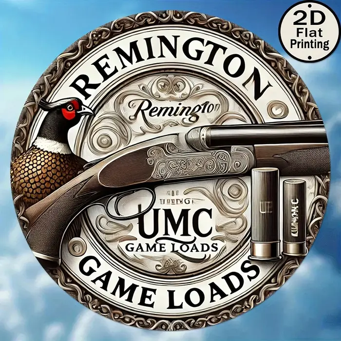 1 pièce d'impression plate 2D, panneau rond en aluminium «Remington Hunting» Vintage classique de 8 