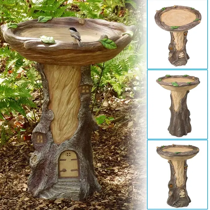 Bain d'oiseaux de jardin nickel é pleine grandeur, aspect bois, résine, Accent de paysage pour la ma