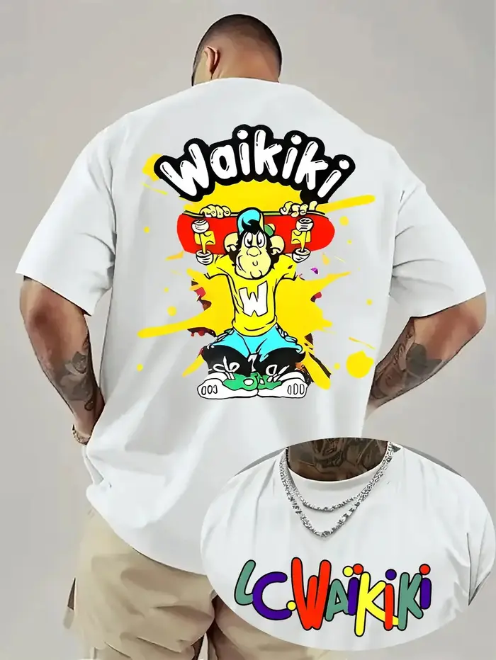 Waikiki T-shirt graphique pour hommes Bold Back Print Streetwear Tee Texture confortable, T-shirt à manches courtes jeunes adultes t-shirts en coton drôles