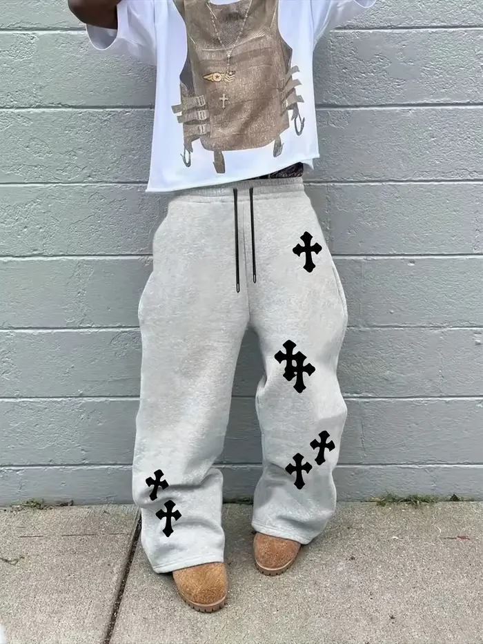 2025 Pantalon à jambes larges noir pour hommes à la mode Grande croix blanche imprimée Pantalon hip-