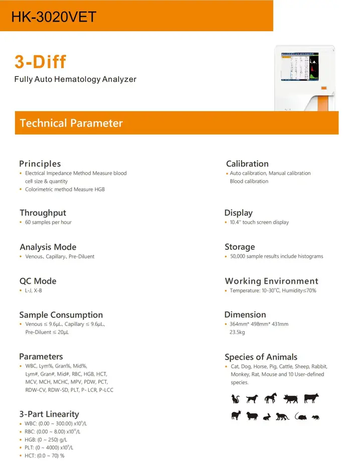 Vétérinaire Animal médical entièrement automatique hémologie 3 parties hématologie analyseur de sang