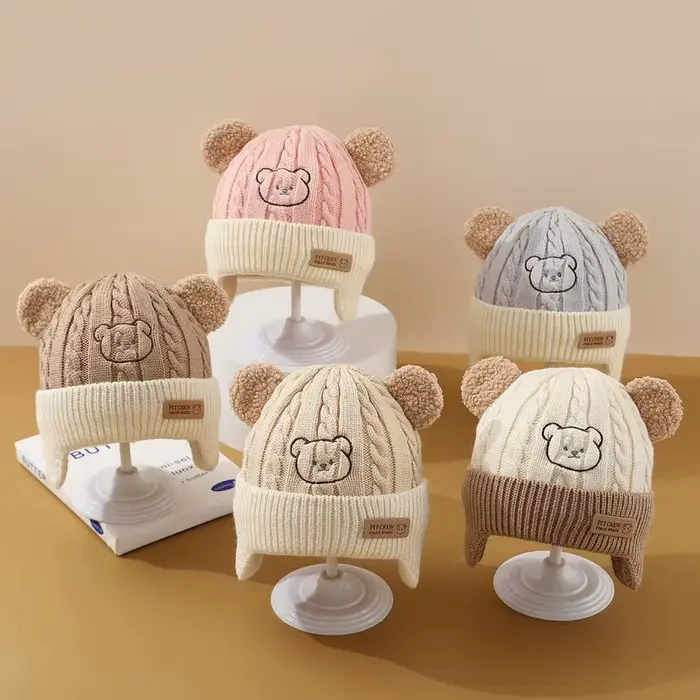 Chapeau de bébé ours mignon, Protection des oreilles, pour enfants, hiver, épais, chaud, tricoté, Ve