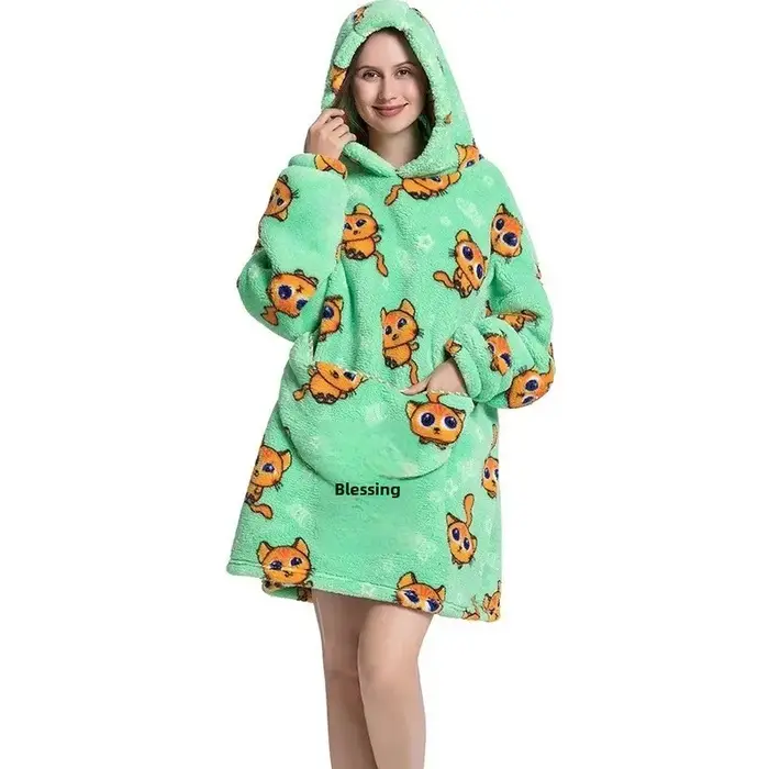 Robe à capuche en peluche épaisse, vêtements de nuit en coton doux et velours imprimé, couverture, S