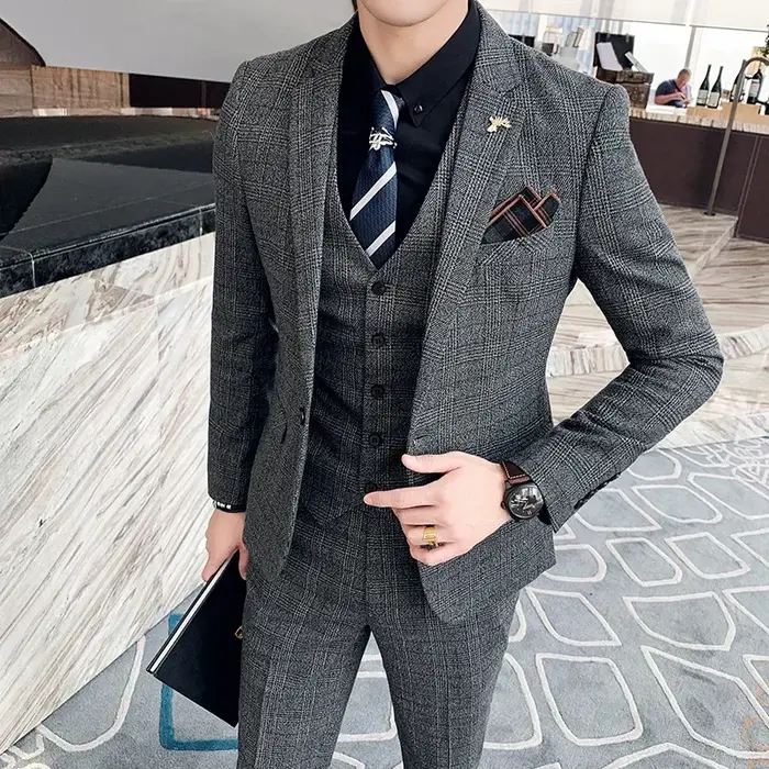 Ensemble de Banquet de Mariage à Carreaux pour Homme, Costume, Gilet, Pantalon, Grande Taille 5XL-M,