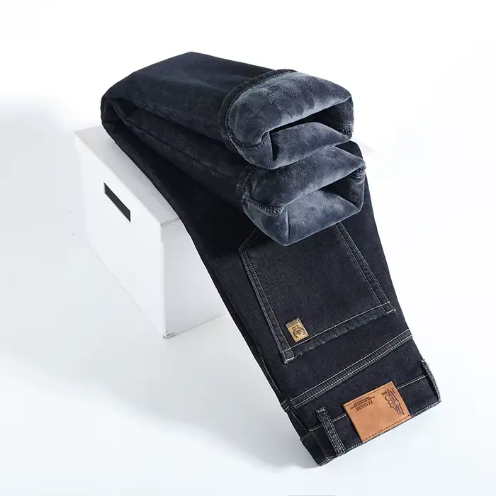 Hiver chaud polaire jean hommes épais thermique décontracté droit Denim pantalon mâle travail d'affa