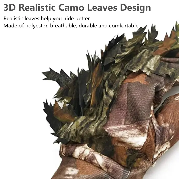 Gants camouflage 3D feuilles unisexes - Chasse, pêche, tir, vélo, pêche, plein air, doigts complets