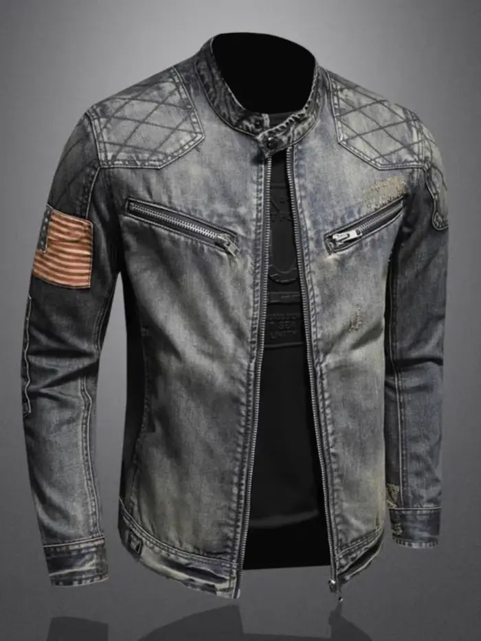 Veste en jean à glissière pour hommes, vêtements de motard à la mode, mode rétro décontractée, équit