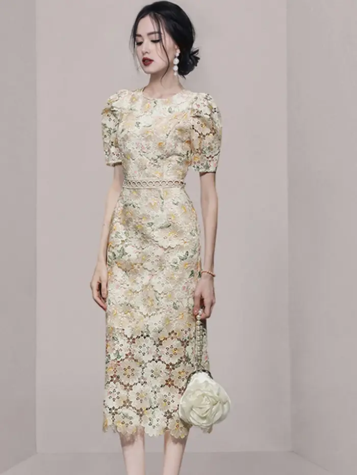 SMTHMA-Robe ajourée en dentelle brodée pour femme, manches courtes, vêtements féminins élégants, nou