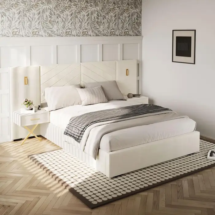 Cadre de lit Queen de luxe avec éclairage LED doré intégré et tables de chevet, tête de lit capitonn