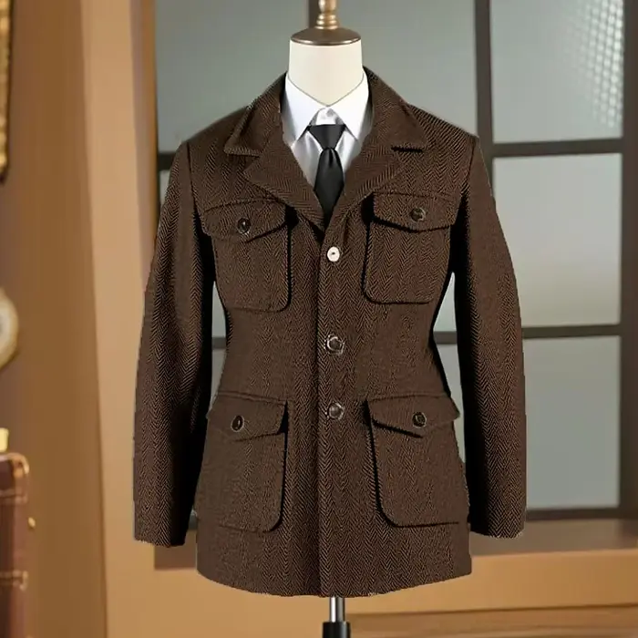 Veste de chasse britannique pour hommes, manteau de Sport rétro multi-poches avec ceinture à chevron