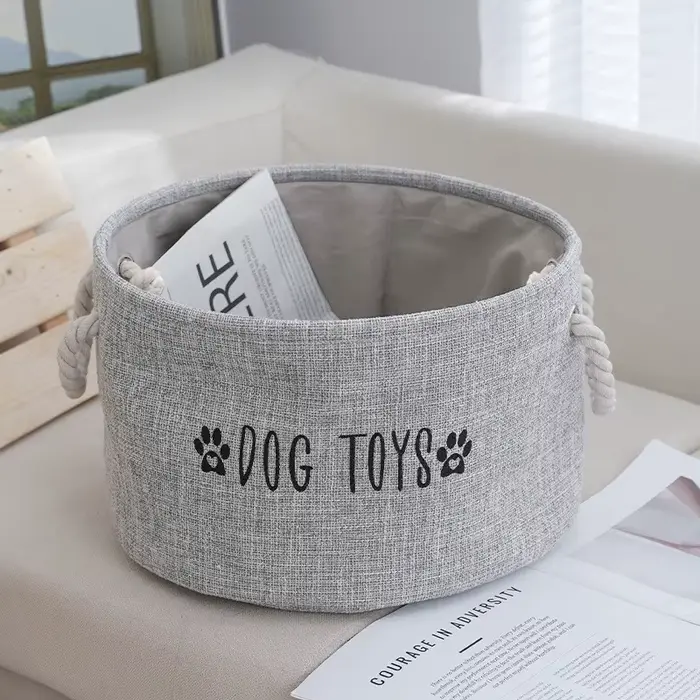 Grand panier de rangement pour jouets de chien en tissu simili lin - Organisateur rond spacieux pour