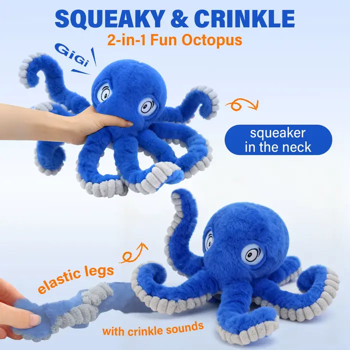 Jouet couineur Octopus en peluche courte pour chiens et chiots, avec bruit froissé, pour le jeu interactif et les moments de tir à la corde en famille