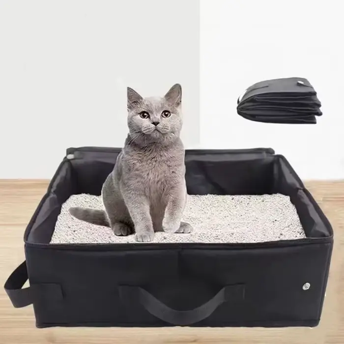 Bac à litière pliable portable pour chat avec couvercle et poignée