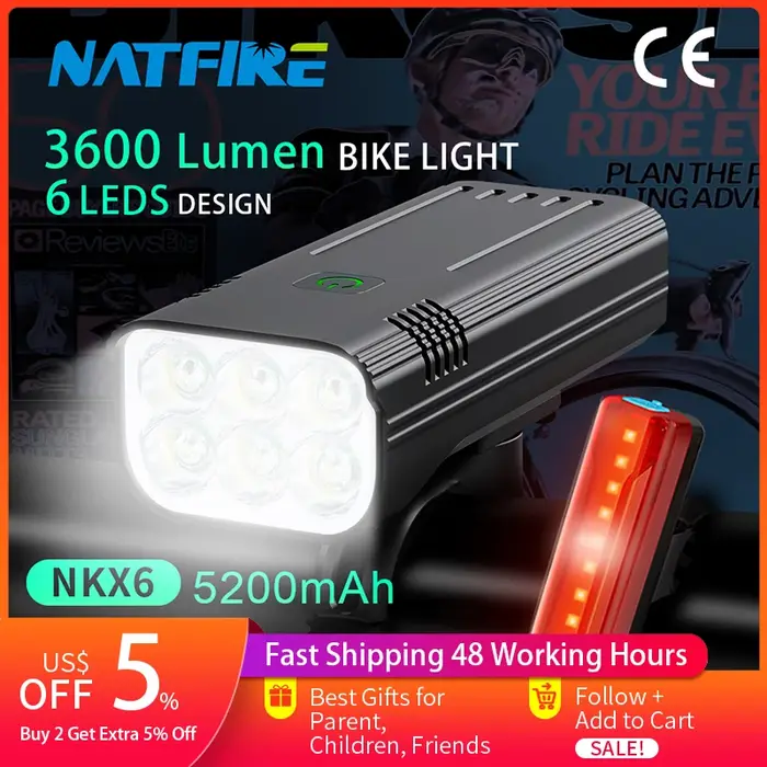 NATFIRE 6 LED lumière de vélo 3600 Lumen lampe de vélo Rechargeable lampe de poche avant et arrière 