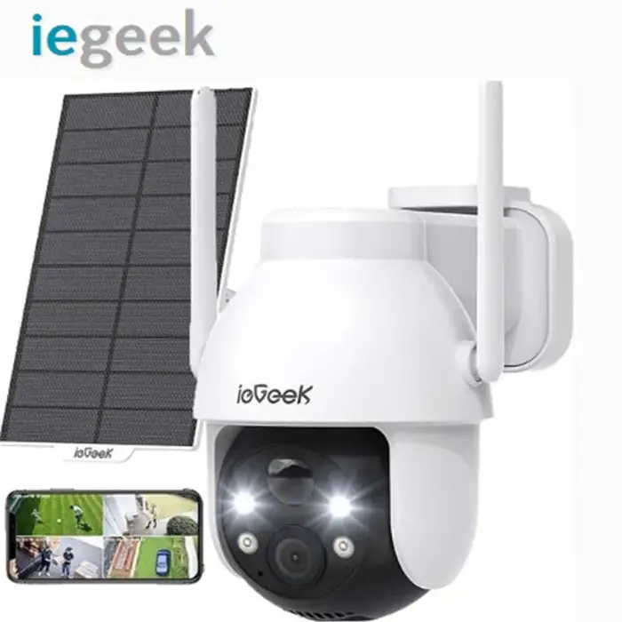 Caméra surveillance solaire extérieure ieGeek 2K 3MP 360° PTZ vision nocturne couleur détection PIR
