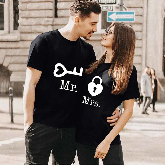 Couples T-shirt coeur clé serrure Mr mme imprimer Couple T-shirt été roi reine T-shirt décontracté h
