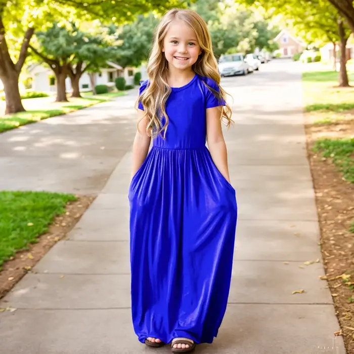 Robe longue d'été pour filles, couleur unie, manches courtes, plage, fête d'anniversaire, décontract