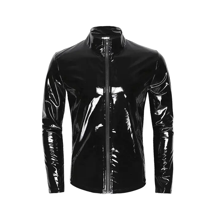 Nouveaux hommes Cardigan à fermeture éclair col montant chemise PVC brillant en cuir verni Sexy serré extensible Latex
