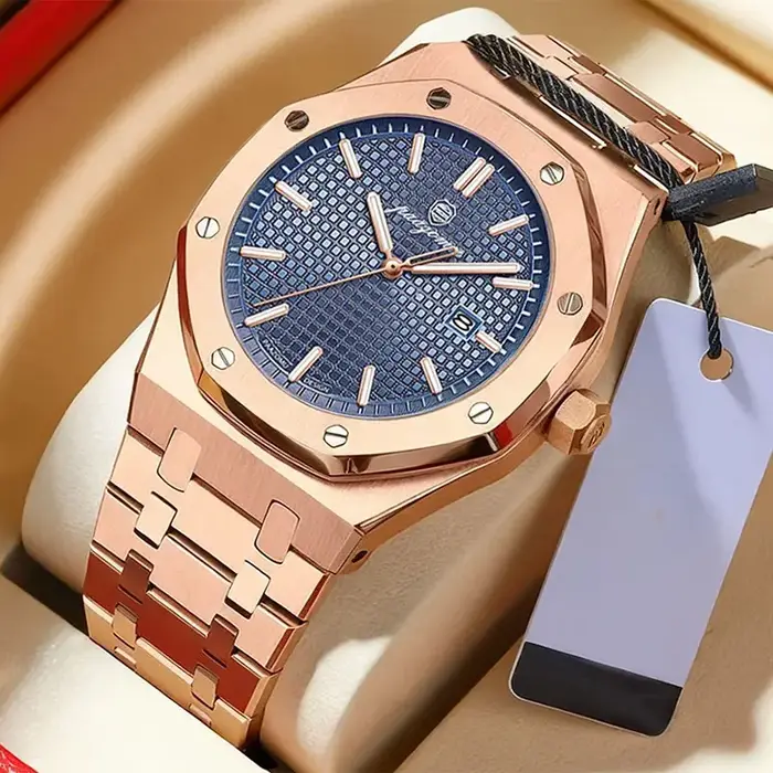 Montre homme PAAZOMU quartz luxe or - Étanche avec calendrier et aiguilles lumineuses acier inox