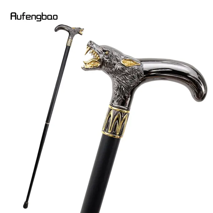 Tête de loup noir doré, canne de marche mordante, bâton de marche décoratif à la mode pour homme, bo