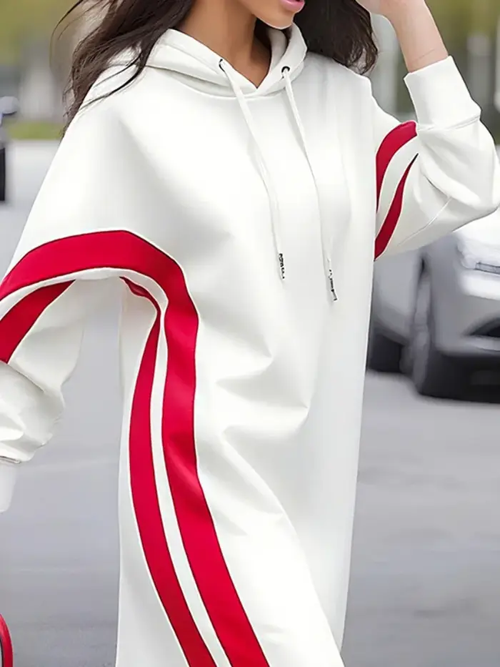 UOOZEE femmes mode cordon rayé à capuche robe mi-longue couleur contrastée manches longues ample déc
