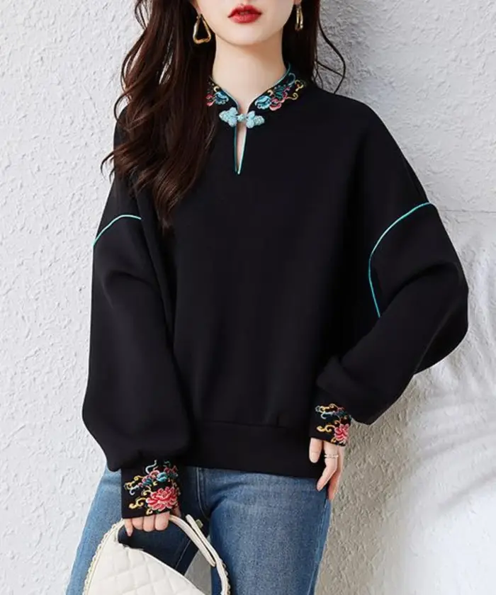 Sweat-shirt à capuche de style chinois pour femme, pull à la mode, décontracté, printemps-automne