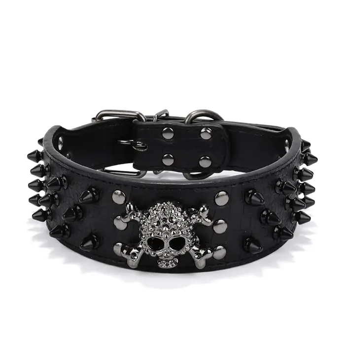 Ensemble collier de chien clouté de crâne noir gothique d'Halloween et laisse en PU – Anti-masticage