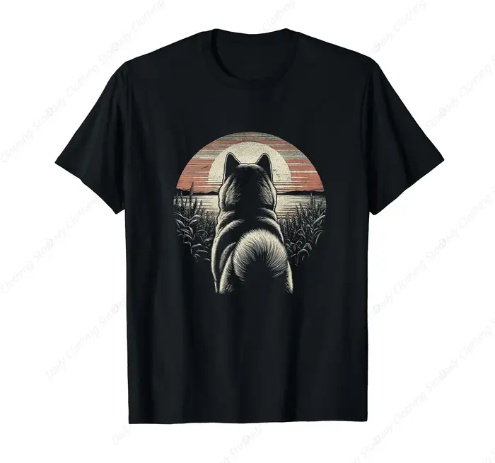 T-Shirt Vintage Akita Dog rétro, scène de coucher de soleil, Design artistique, confortable, doux, m