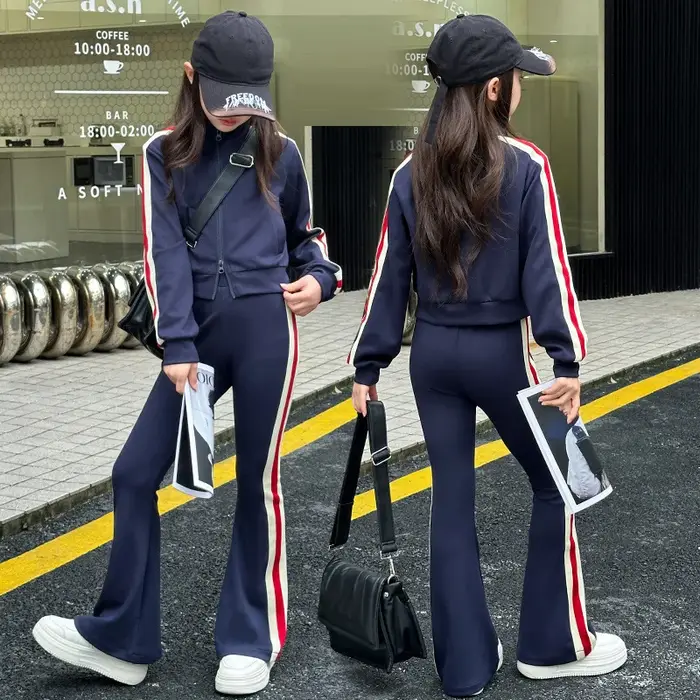 Ensemble de Vêtements de dehors Décontractés pour Fille, Manteau Court à Rayures et Pantalon à Cloco