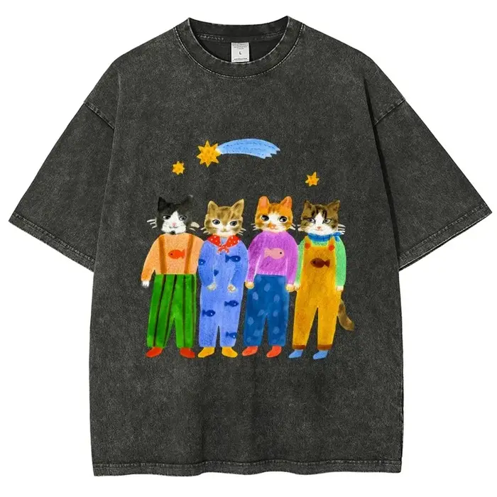 T-shirt Homme Nouvelle Collection Motif Esthétique Vintage Lavé Coloré Chats – Vêtements pour Hommes