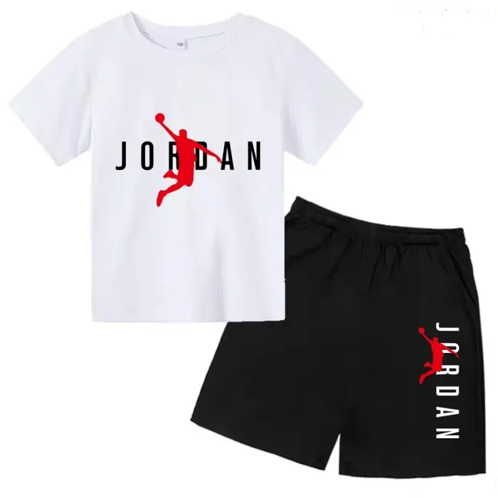 Ensemble deux pièces été 2026 pour enfants : T-shirt blanc et short, imprimé lettres de basket-ball,