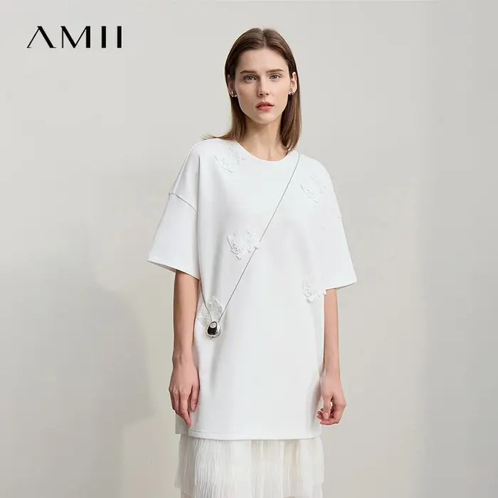 Amii T-shirt femme 2026 printemps nouveau col rond épissage dentelle manches courtes T-Shirt femme a