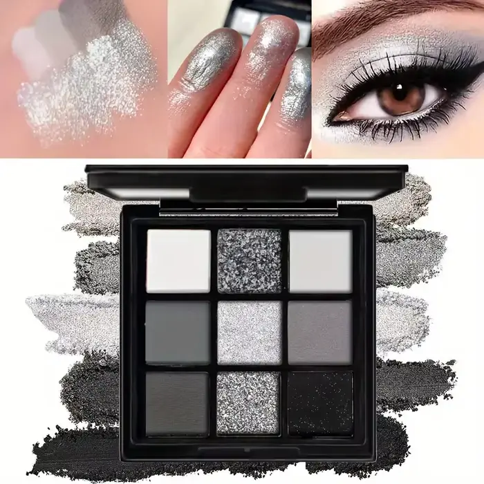 Palette de fards à paupières à 9 ombres : Black Swan, Smoky, Black Dark, Grey Silver Glitter, finition mate, longue durée et facile à colorer