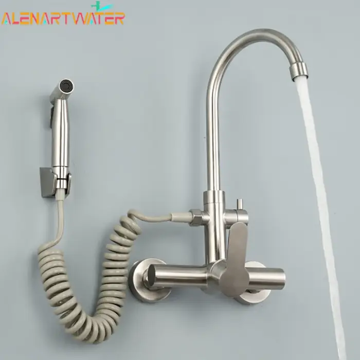 Robinet cuisine mural deux trous acier inoxydable eau froide chaude avec pulvérisateur rotatif balcon