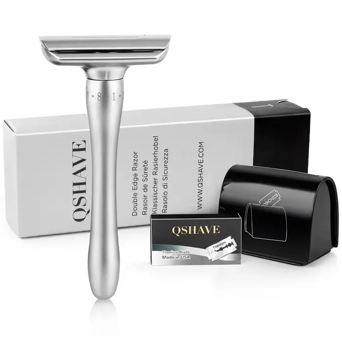 QShave – rasoir de sécurité réglable avec couvercle magnétique, 1 rasoir, 1 étui jetable et 5 lames